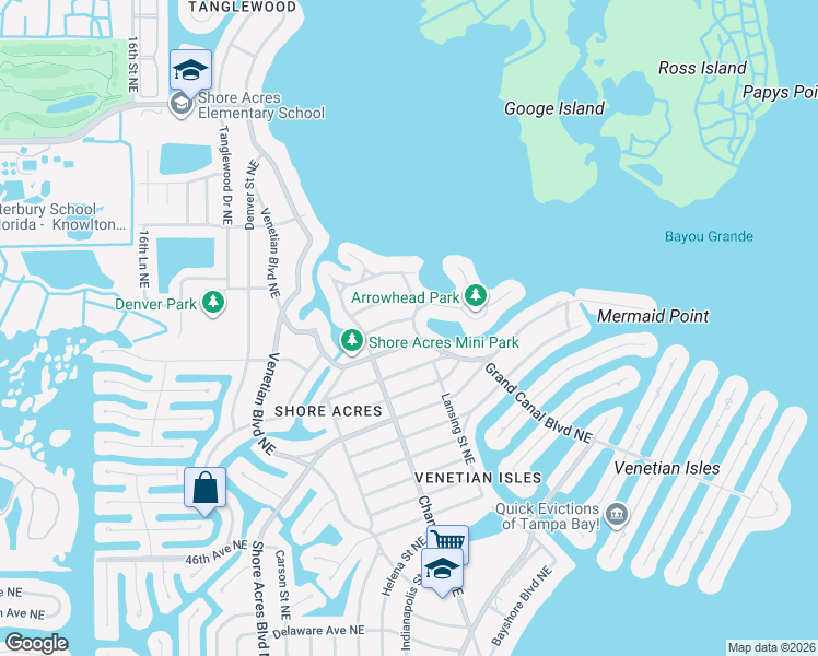 map of restaurants, bars, coffee shops, grocery stores, and more near 1836 Bayou Grande Boulevard Northeast in St. Petersburg