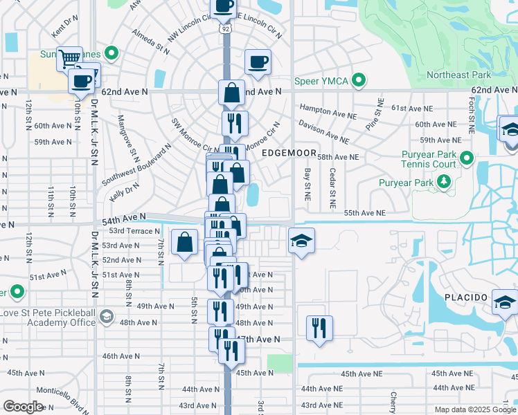 map of restaurants, bars, coffee shops, grocery stores, and more near 309 54th Terrace North in St. Petersburg