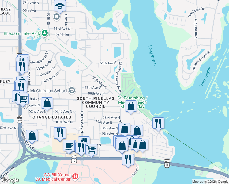 map of restaurants, bars, coffee shops, grocery stores, and more near 5473 97th Way North in St. Petersburg