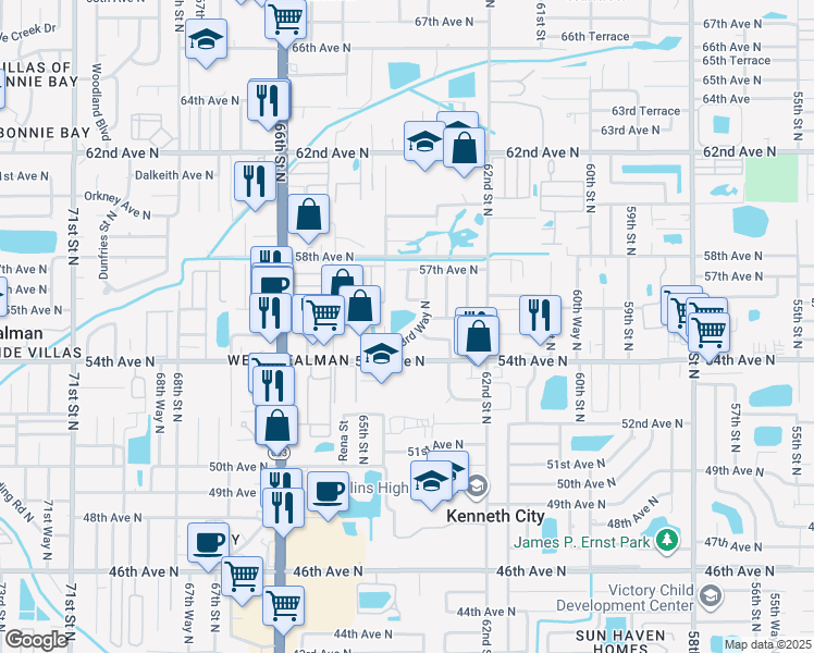 map of restaurants, bars, coffee shops, grocery stores, and more near 5496 63rd Way North in Saint Petersburg