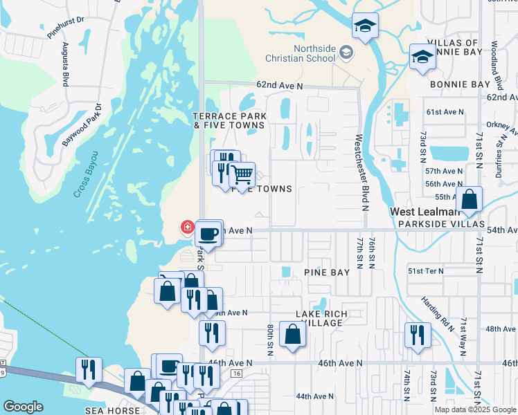 map of restaurants, bars, coffee shops, grocery stores, and more near 5530 80th Street North in St. Petersburg
