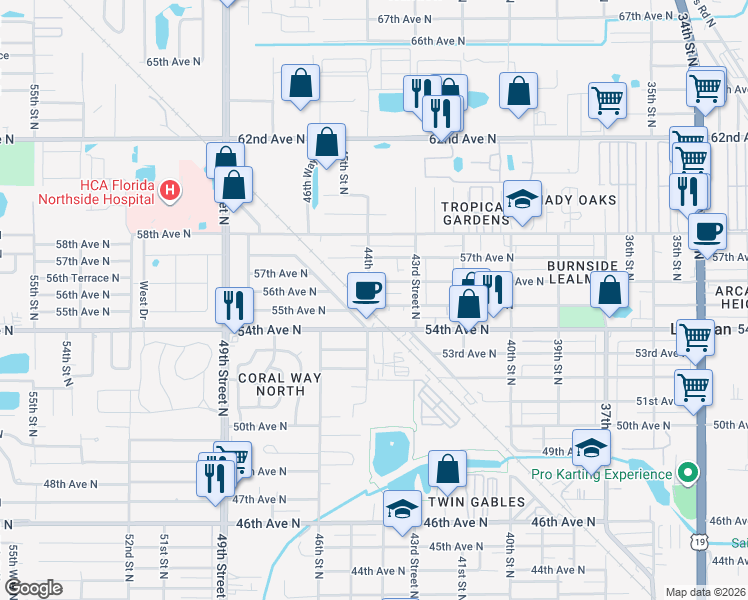 map of restaurants, bars, coffee shops, grocery stores, and more near 5513 44th Street North in St. Petersburg
