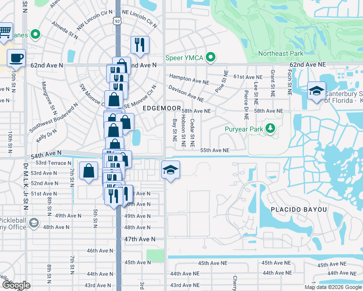 map of restaurants, bars, coffee shops, grocery stores, and more near 201 55th Avenue Northeast in St. Petersburg
