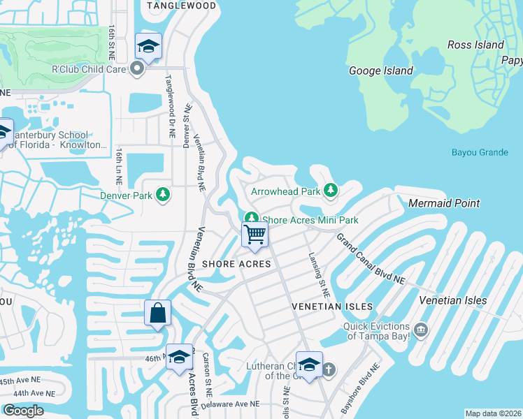 map of restaurants, bars, coffee shops, grocery stores, and more near 1710 Bayou Grande Boulevard Northeast in St. Petersburg