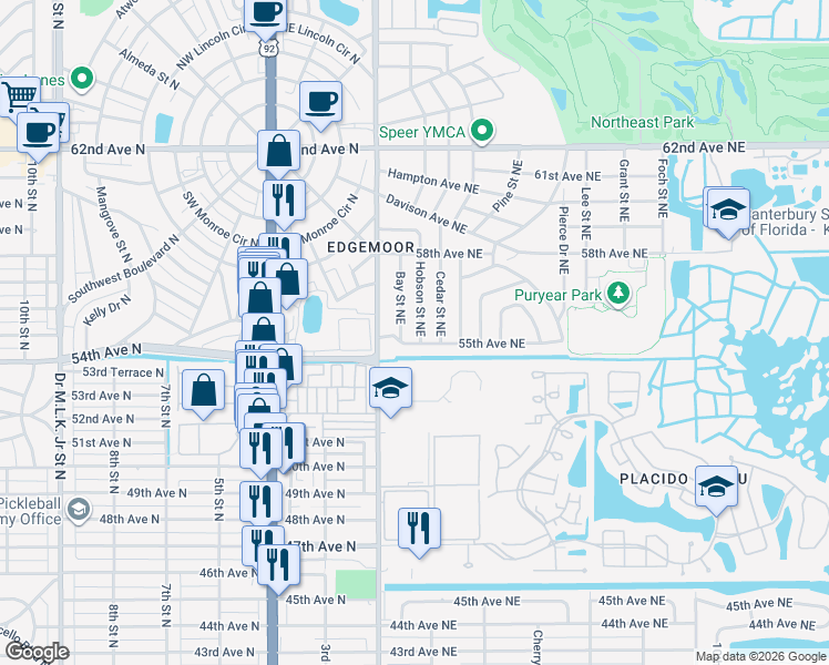 map of restaurants, bars, coffee shops, grocery stores, and more near 201 55th Avenue Northeast in St. Petersburg