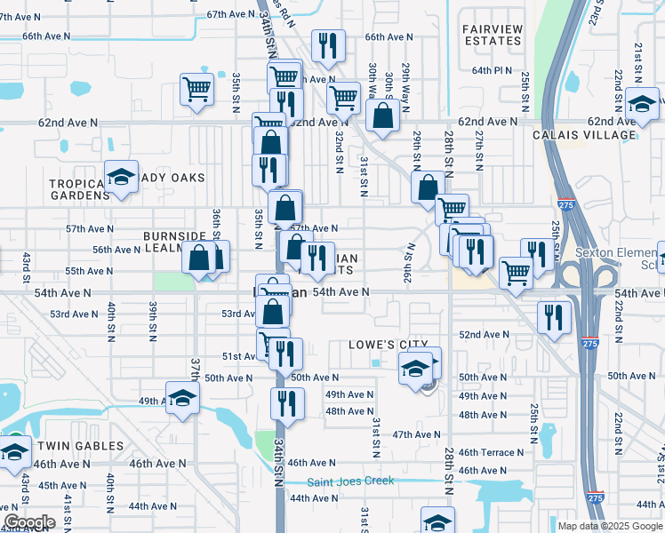 map of restaurants, bars, coffee shops, grocery stores, and more near 3219 55th Avenue North in St. Petersburg