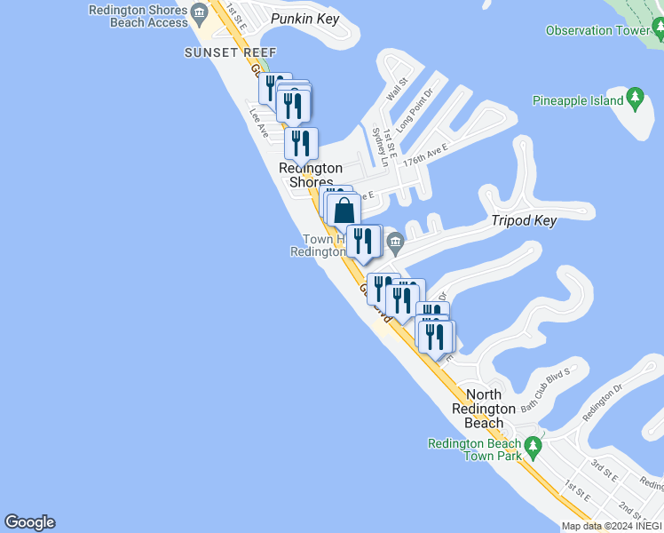 map of restaurants, bars, coffee shops, grocery stores, and more near 17400 Gulf Boulevard in Redington Shores