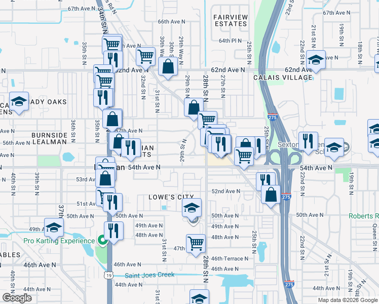 map of restaurants, bars, coffee shops, grocery stores, and more near 500 Crissman Drive North in St. Petersburg
