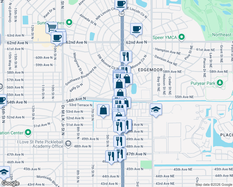 map of restaurants, bars, coffee shops, grocery stores, and more near 426 Palm Avenue North in St. Petersburg