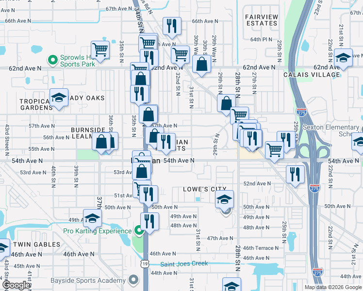 map of restaurants, bars, coffee shops, grocery stores, and more near 3219 55th Avenue North in St. Petersburg