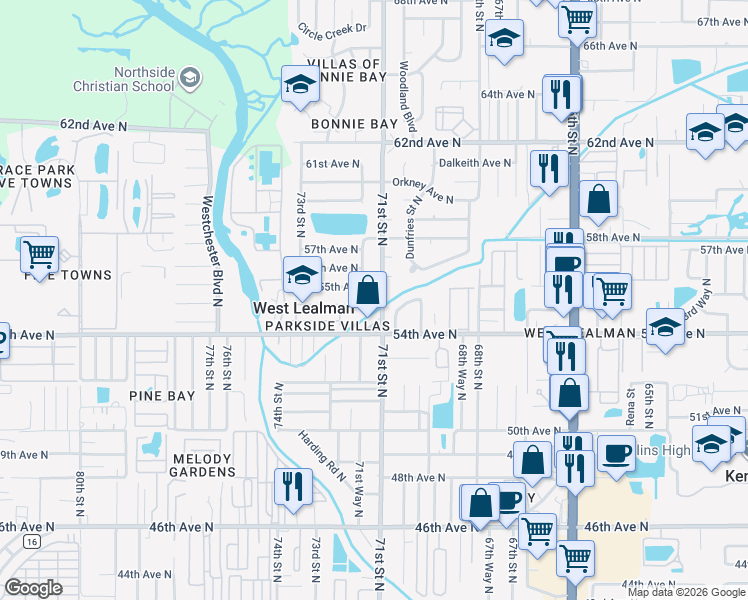 map of restaurants, bars, coffee shops, grocery stores, and more near 7107 Parkside Villas Drive South in St. Petersburg