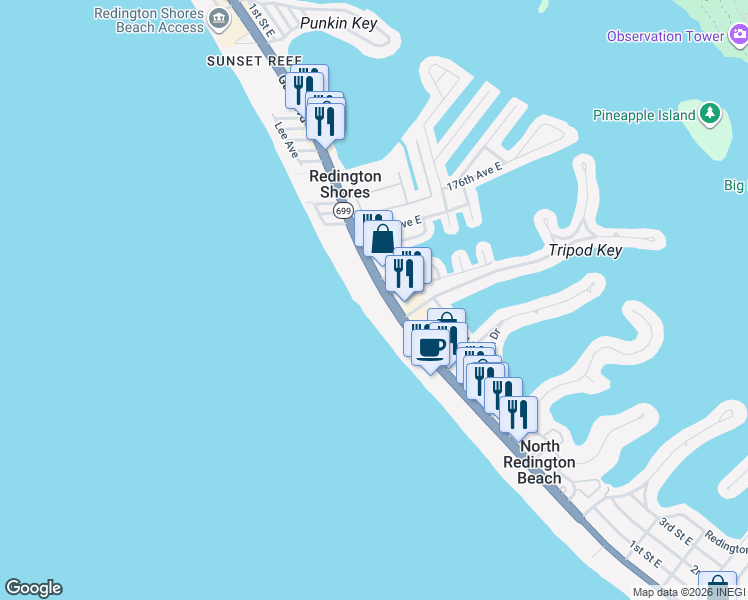 map of restaurants, bars, coffee shops, grocery stores, and more near 17400 Gulf Boulevard in Redington Shores