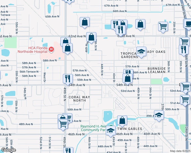 map of restaurants, bars, coffee shops, grocery stores, and more near 4549 55th Avenue North in St. Petersburg