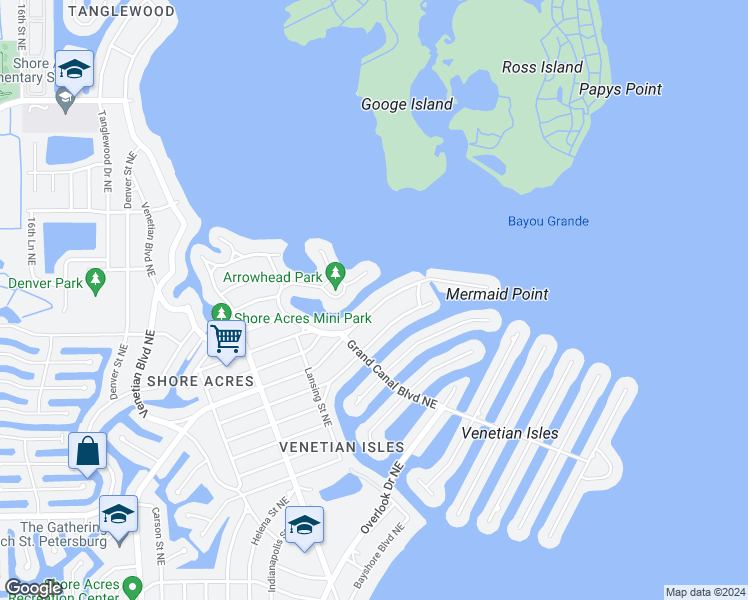 map of restaurants, bars, coffee shops, grocery stores, and more near 2063 Bayou Grande Boulevard Northeast in St. Petersburg