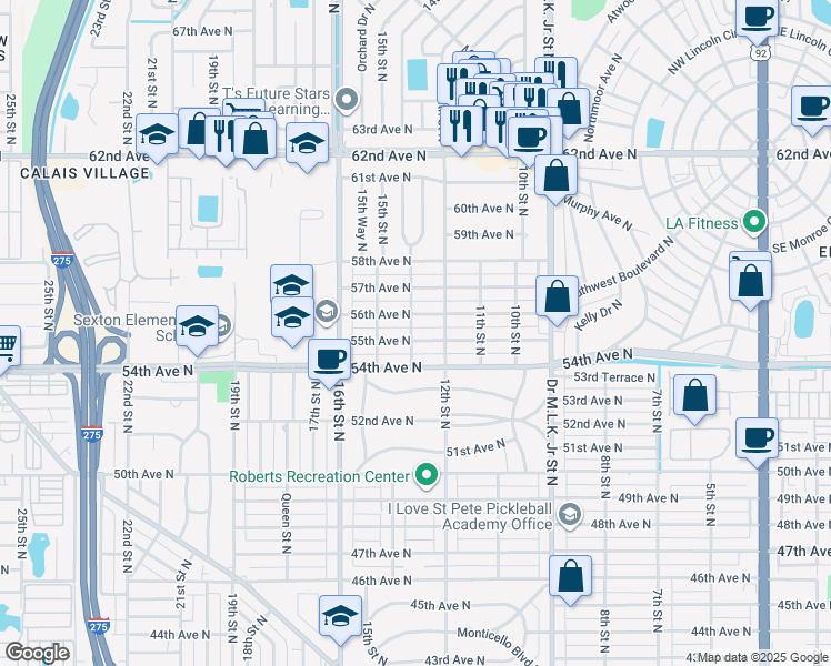 map of restaurants, bars, coffee shops, grocery stores, and more near 1228 55th Avenue North in St. Petersburg