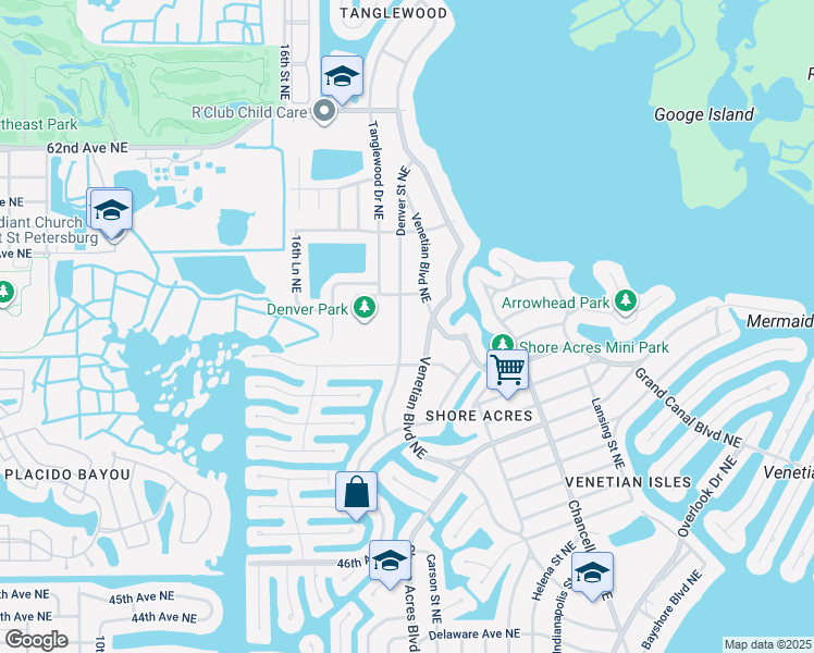 map of restaurants, bars, coffee shops, grocery stores, and more near 5401 Denver Street Northeast in St. Petersburg