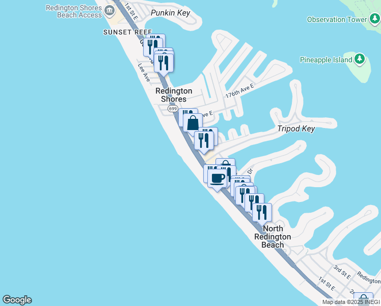 map of restaurants, bars, coffee shops, grocery stores, and more near 17400 Gulf Boulevard in Redington Shores
