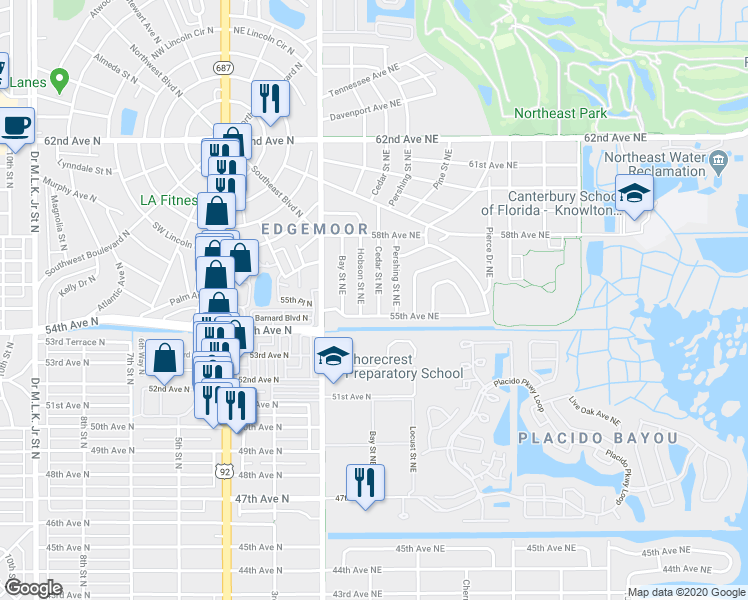 map of restaurants, bars, coffee shops, grocery stores, and more near 401 55th Avenue Northeast in St. Petersburg