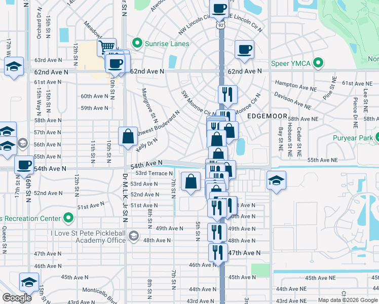 map of restaurants, bars, coffee shops, grocery stores, and more near 526 Palm Avenue North in St. Petersburg