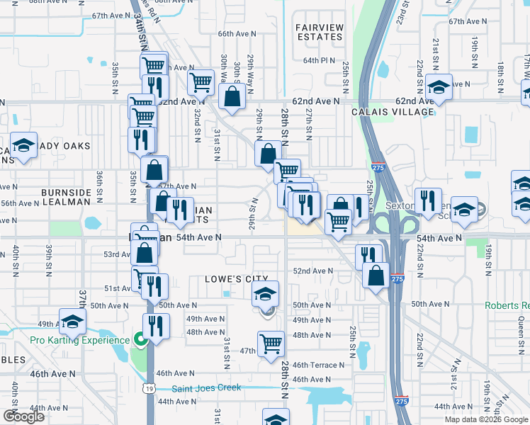 map of restaurants, bars, coffee shops, grocery stores, and more near 500 Crissman Drive North in St. Petersburg