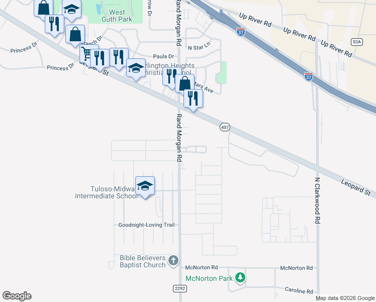 map of restaurants, bars, coffee shops, grocery stores, and more near 3266 County Road 103 in Corpus Christi