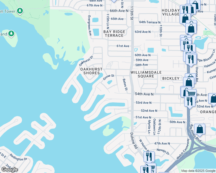 map of restaurants, bars, coffee shops, grocery stores, and more near 5431 Bayshore Drive in Seminole