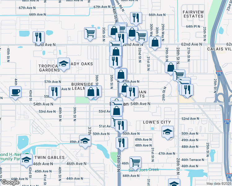 map of restaurants, bars, coffee shops, grocery stores, and more near 5500 34th Street North in St. Petersburg