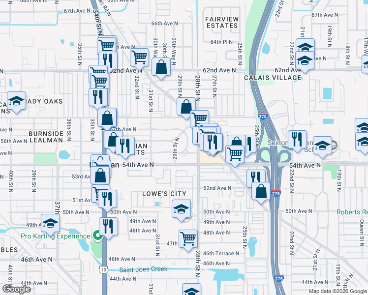 map of restaurants, bars, coffee shops, grocery stores, and more near 500 Crissman Drive North in St. Petersburg