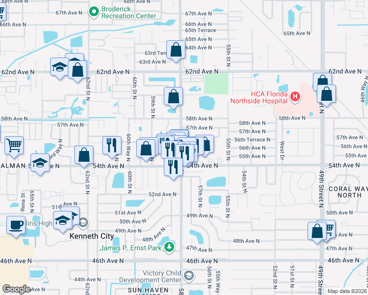 map of restaurants, bars, coffee shops, grocery stores, and more near 5563 58th Street North in Kenneth City