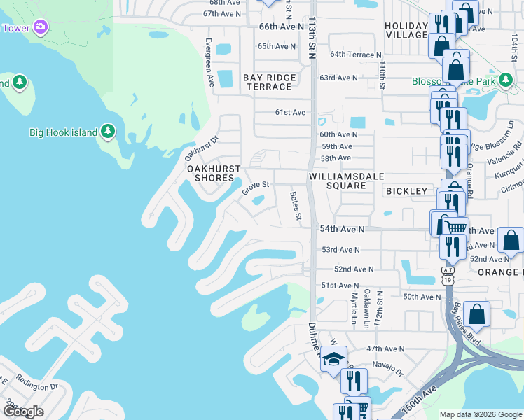 map of restaurants, bars, coffee shops, grocery stores, and more near 11588 Pine Street in Seminole