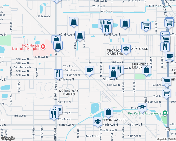 map of restaurants, bars, coffee shops, grocery stores, and more near 5514 44th Street North in St. Petersburg