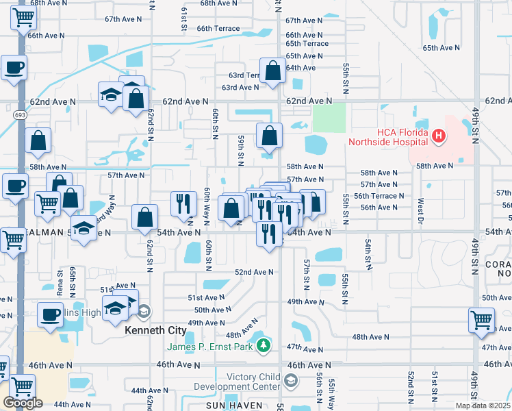 map of restaurants, bars, coffee shops, grocery stores, and more near 5473 59th Street North in St. Petersburg
