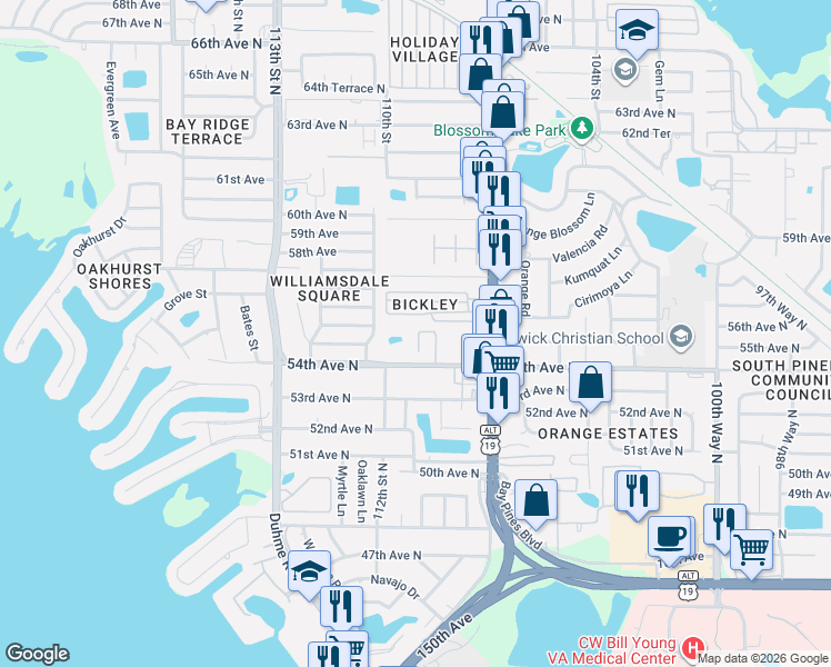 map of restaurants, bars, coffee shops, grocery stores, and more near 10814 Boca Club Court in Seminole