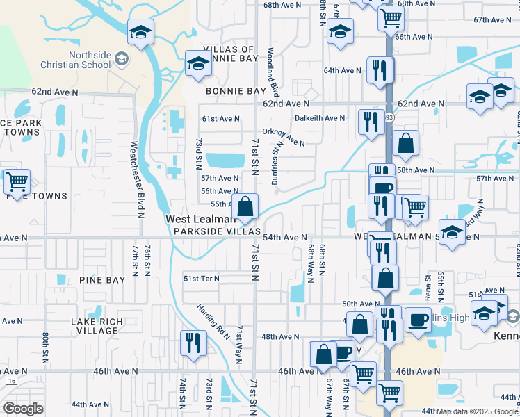 map of restaurants, bars, coffee shops, grocery stores, and more near 5543 71st Street North in Saint Petersburg