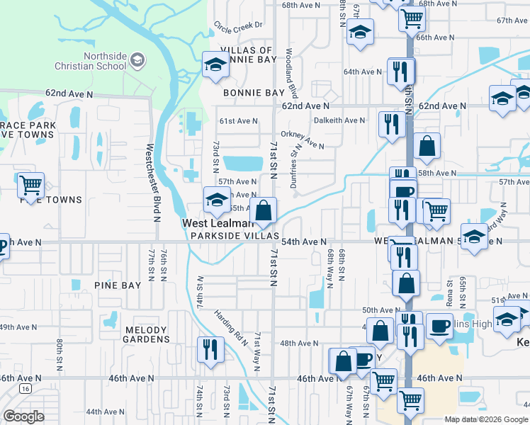 map of restaurants, bars, coffee shops, grocery stores, and more near 7107 Parkside Villas Drive South in St. Petersburg