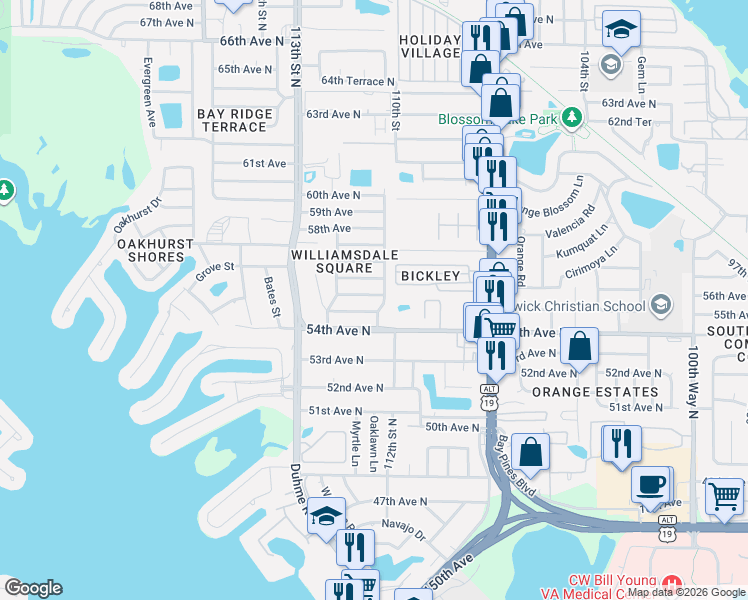 map of restaurants, bars, coffee shops, grocery stores, and more near 11098 55th Avenue North in Seminole