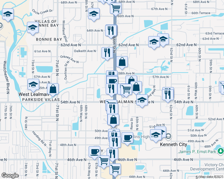 map of restaurants, bars, coffee shops, grocery stores, and more near 6645 55th Avenue North in St. Petersburg