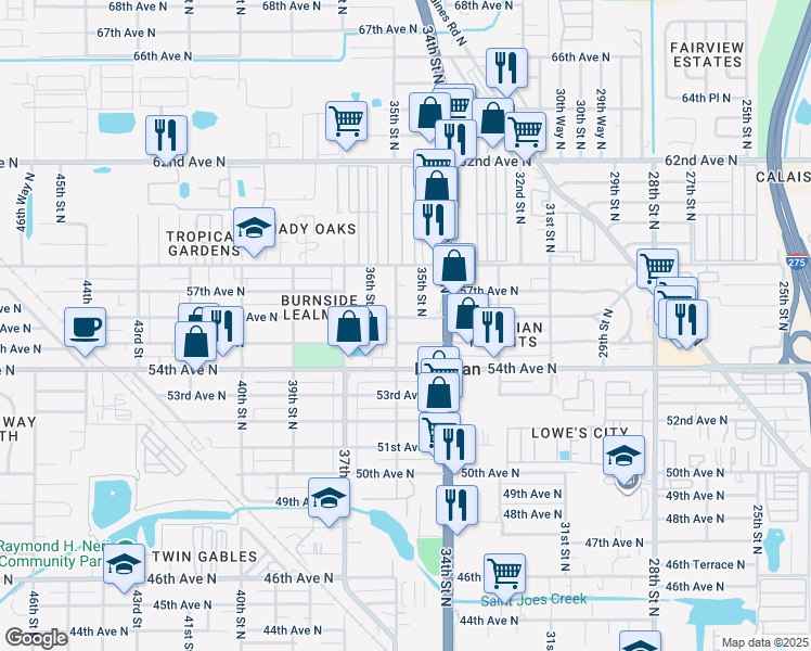 map of restaurants, bars, coffee shops, grocery stores, and more near 3590 55th Avenue North in St. Petersburg