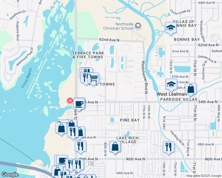 map of restaurants, bars, coffee shops, grocery stores, and more near 5521 80th Street North in St. Petersburg