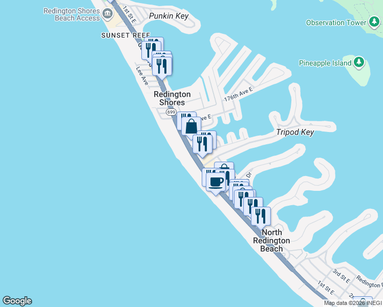 map of restaurants, bars, coffee shops, grocery stores, and more near 17307 Gulf Boulevard in North Redington Beach