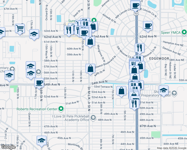 map of restaurants, bars, coffee shops, grocery stores, and more near 827 54th Avenue North in St. Petersburg