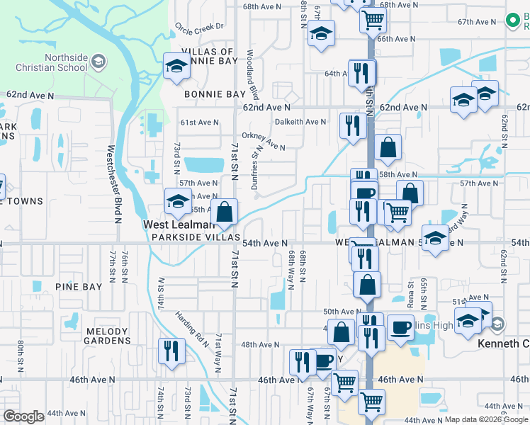 map of restaurants, bars, coffee shops, grocery stores, and more near 5475 70th Lane North in St. Petersburg