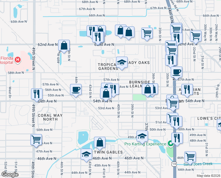 map of restaurants, bars, coffee shops, grocery stores, and more near 4135 55th Avenue North in St. Petersburg