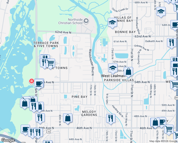 map of restaurants, bars, coffee shops, grocery stores, and more near 7698 Cardiff Court North in St. Petersburg
