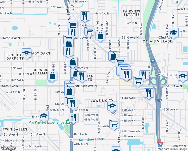 map of restaurants, bars, coffee shops, grocery stores, and more near 3101 55th Avenue North in St. Petersburg
