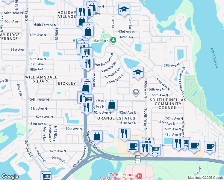 map of restaurants, bars, coffee shops, grocery stores, and more near 5543 104th Way in Seminole