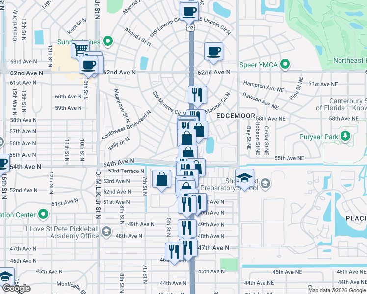 map of restaurants, bars, coffee shops, grocery stores, and more near 441 Palm Avenue North in St. Petersburg