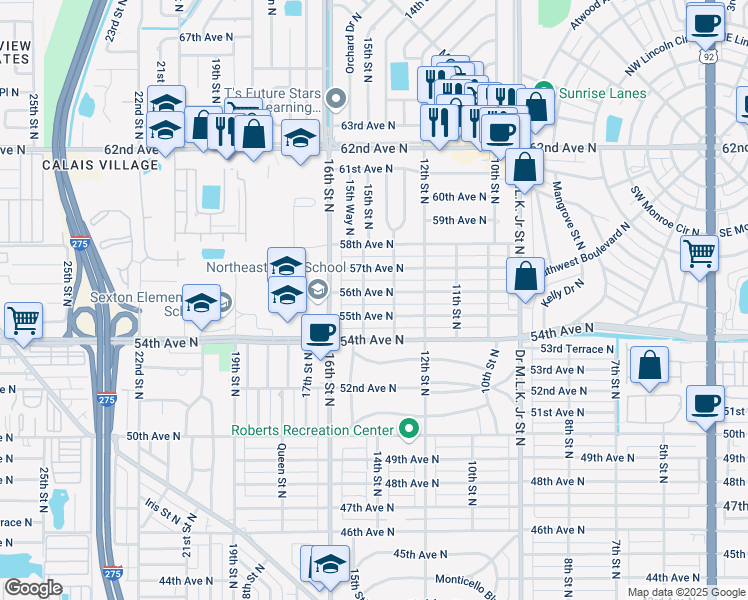 map of restaurants, bars, coffee shops, grocery stores, and more near 1400 55th Avenue North in St. Petersburg