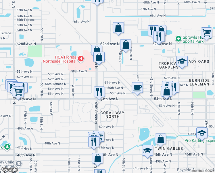 map of restaurants, bars, coffee shops, grocery stores, and more near 4747 55th Avenue North in St. Petersburg