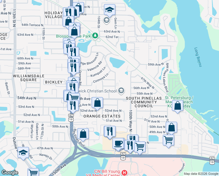 map of restaurants, bars, coffee shops, grocery stores, and more near 10326 Tangelo Road in Seminole